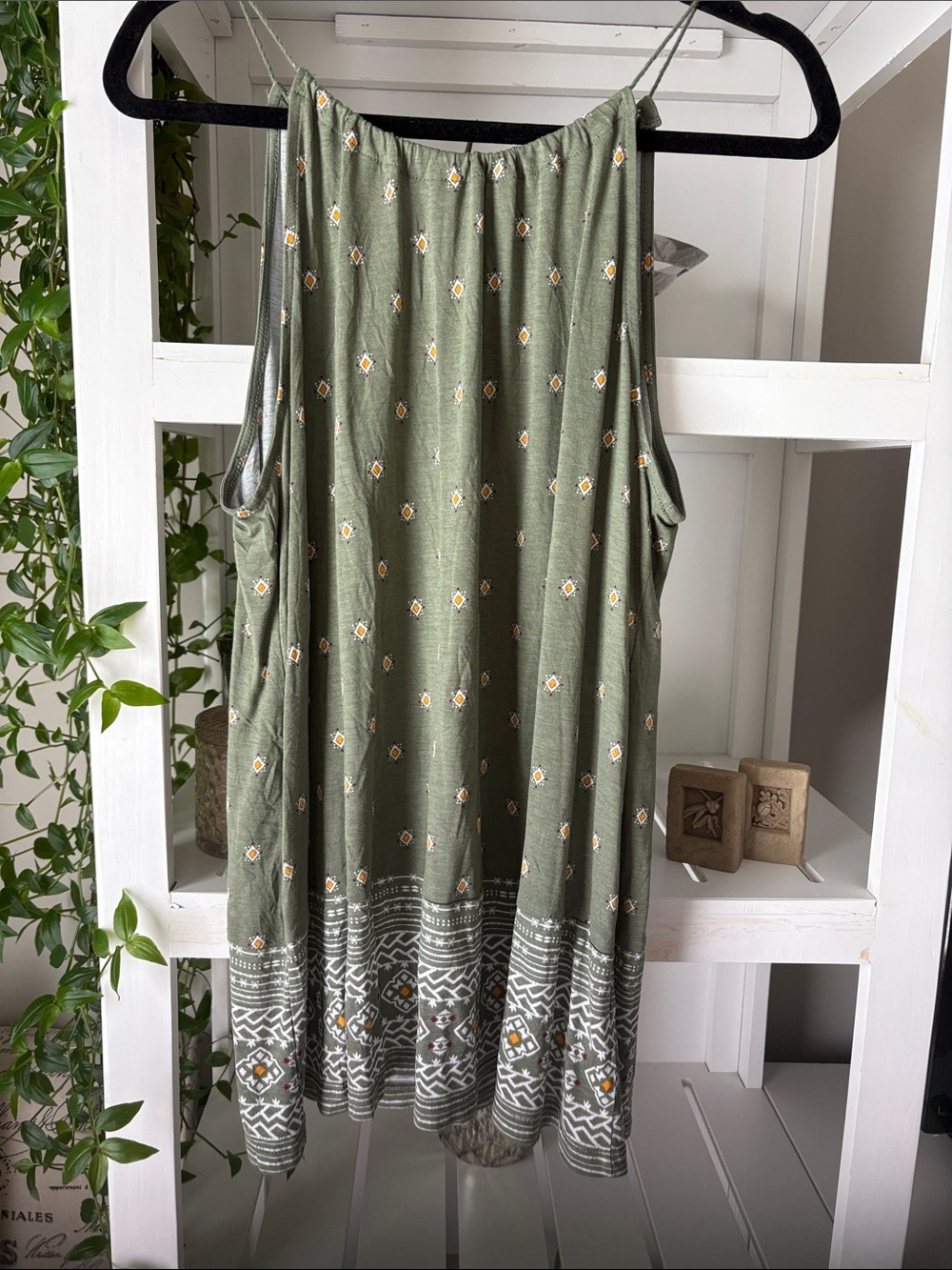 Olive Green Sleeveless Boho Print Dress